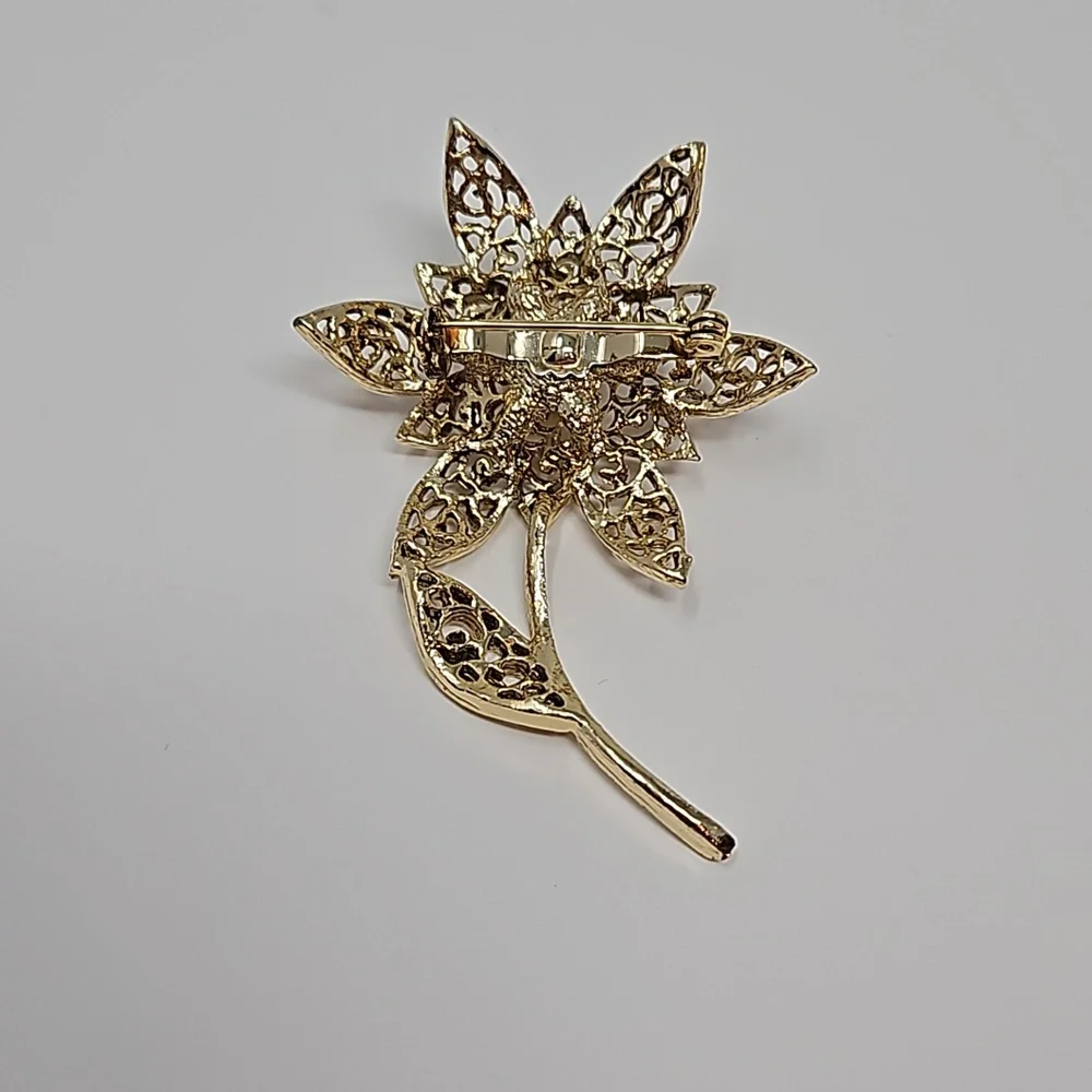 Vintage Flower Brooch Gold Tone Filagree Faux Pearl